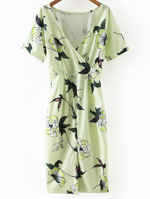 Romwe Multicolor Cross V Neck Split Front Floral Midi Dress
