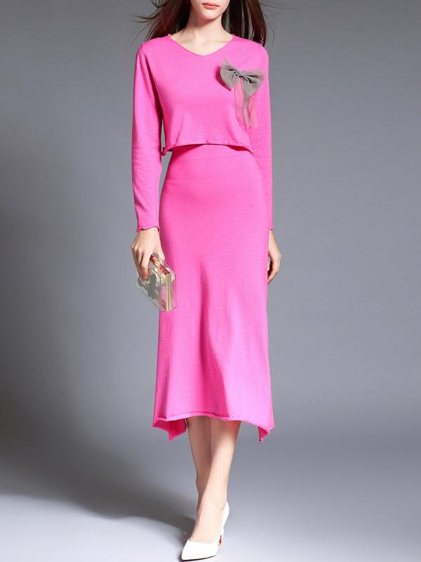 Romwe Hot Pink V Neck Bowknot Top With Skirt