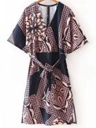 Romwe Multicolor Cross V Neck Split Side Print Dress With Belt
