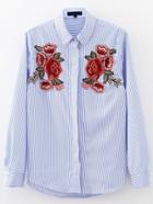 Romwe Blue Flower Embroidery Vertical Striped Blouse