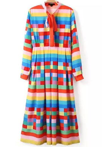 Romwe Multicolor Tie-neck Striped Pleated Dress