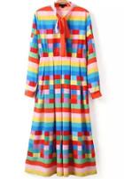 Romwe Multicolor Tie-neck Striped Pleated Dress