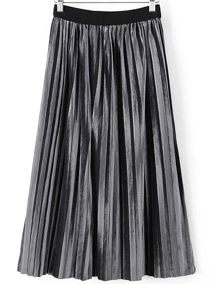 Romwe Grey Pleated Velvet Midi Skirt