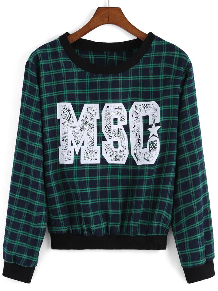 Romwe Letter Print Plaid Green Sweatshirt