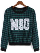 Romwe Letter Print Plaid Green Sweatshirt