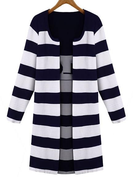 Romwe Round Neck Striped Black Coat