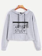 Romwe Grey Letter Print Zip Front Drawstring Hooded Crop Sweatshirt