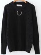 Romwe Black Ring Embellished Ribbed Sweater