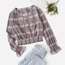 Romwe Single Breasted V Neck Plaid Blouse