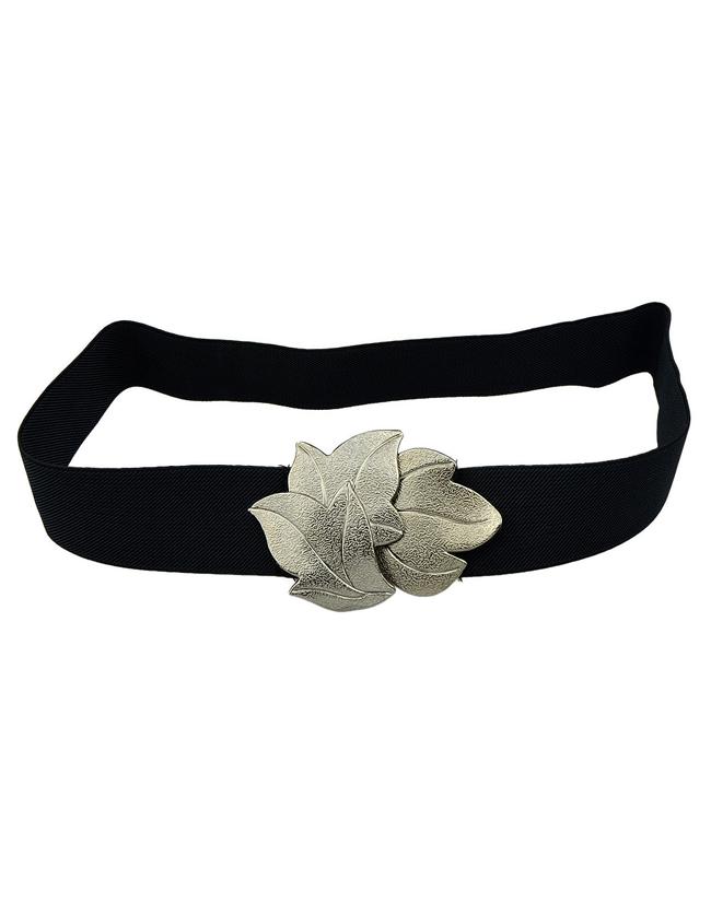 Romwe Silver Plated Maple Black Ribbon Elastic Waist Belt