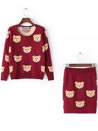 Romwe Bear Print Top With Sheath Knit Wine Red Skirt