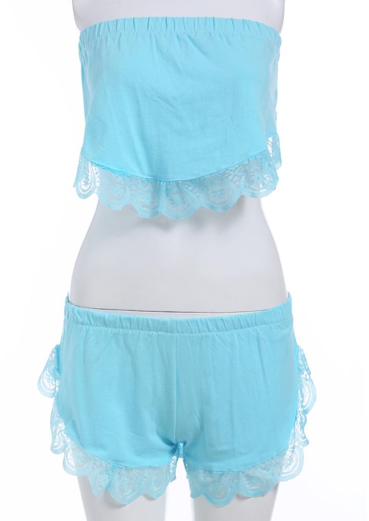 Romwe Strapless Lace Hem Top With Elastic Waist Shorts