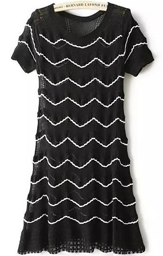 Romwe Short Sleeve Striped Hollow Black Dress