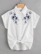 Romwe Embroidered Knot Front Cuffed Shirt