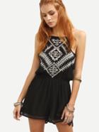 Romwe Black Embroidered Lace Up Crochet Split Romper