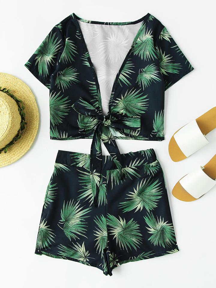 Romwe Plunging V-neckline Bow Tie Leaf Print Top With Shorts
