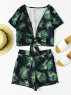 Romwe Plunging V-neckline Bow Tie Leaf Print Top With Shorts