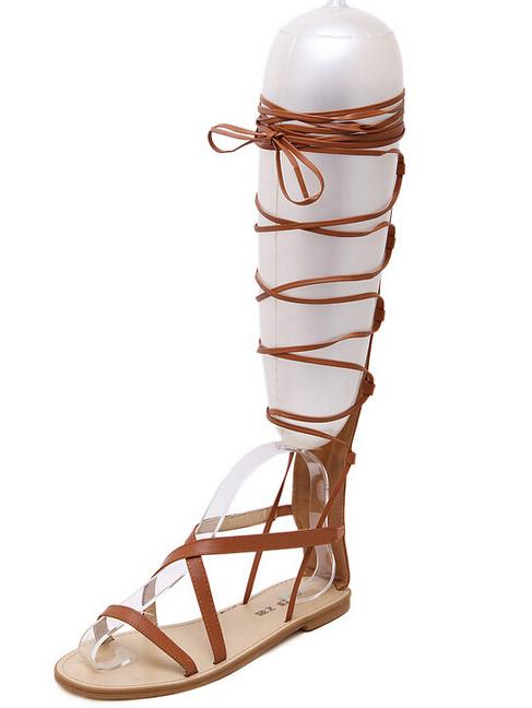 Romwe Brown Lace Up Pu Sandals