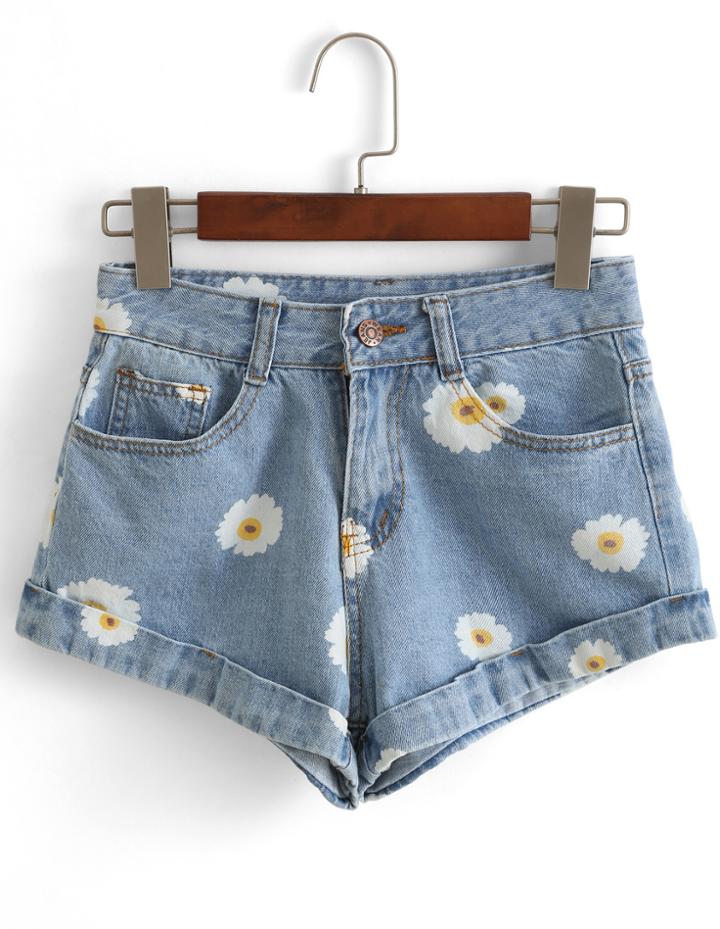 Romwe Flower Print Cuffed Denim Shorts