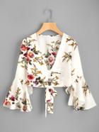 Romwe Plunging V-neckline Floral Print Random Knot Top
