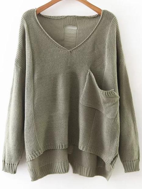 Romwe Army Green V Neck Ripped High Low Knitwear With Pocket