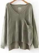 Romwe Army Green V Neck Ripped High Low Knitwear With Pocket