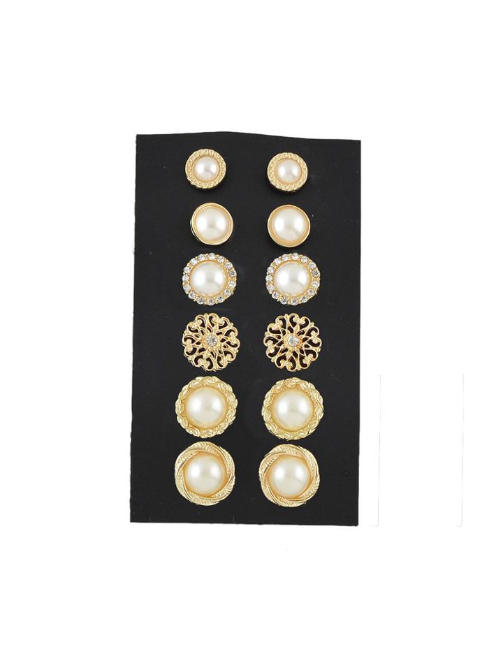 Romwe 6 Pairs/set Gold Color Simulated-pearl Stud Earring