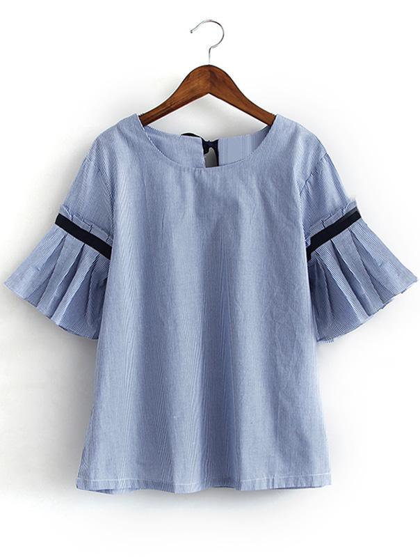 Romwe Blue Bell Sleeve Self-tie Bow Back Striped Blouse