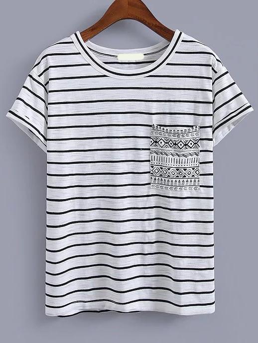 Romwe Striped Black T-shirt With Pocket