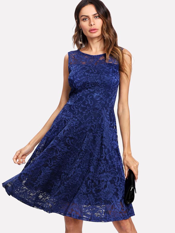 Romwe Lace Overlay Skater Dress