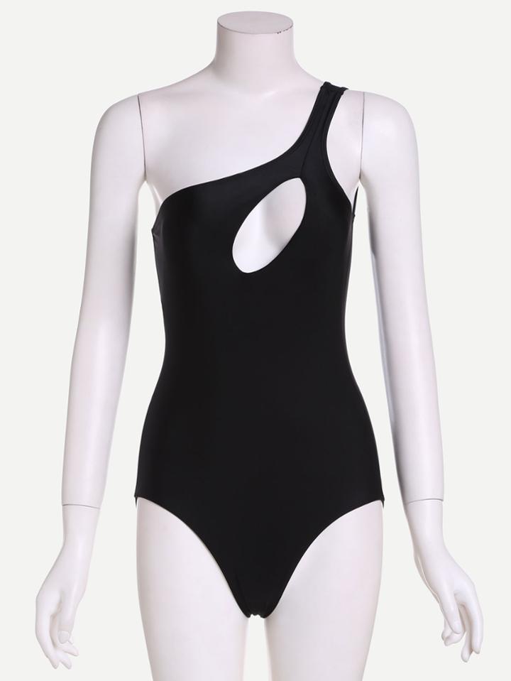 Romwe Black One Shoulder Cutout One Piece Swimwear