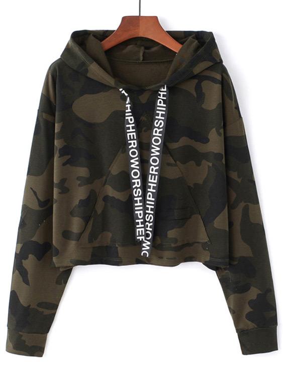 Romwe Letter Ribbon Detail Camo Hoodie