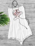 Romwe Embroidered Drawstring Waist Pleated Bandeau Romper