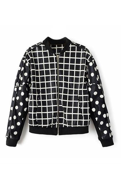 Romwe Check And Polka Dots Print Black Jacket