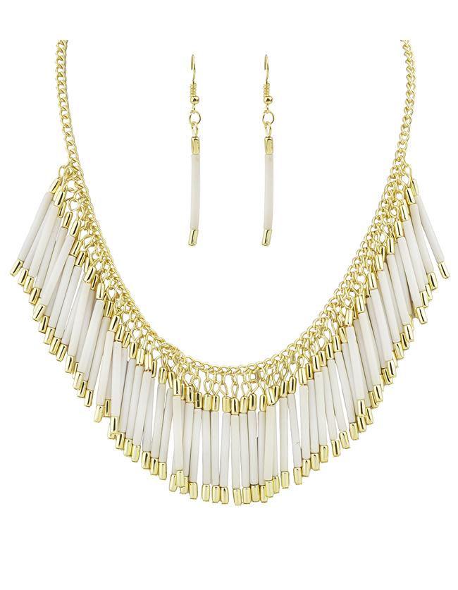 Romwe Beautiful Beige Resin Tassel Long Necklace Earrings Jewelry Set