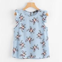 Romwe Frilled Armhole Button Closure Back Floral Top
