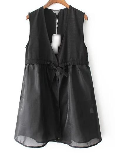 Romwe Black V Neck Tie Waist Tank Top