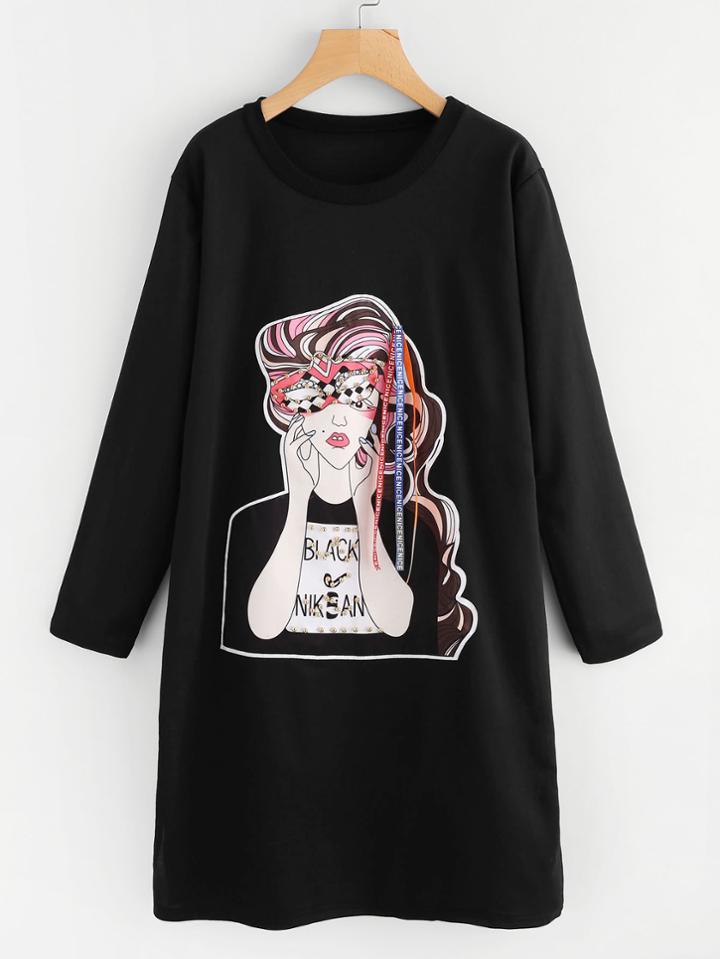 Romwe Figure Patch Pearl Beaded Tee Dress