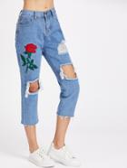 Romwe Rose Embroidered Destroyed Jeans