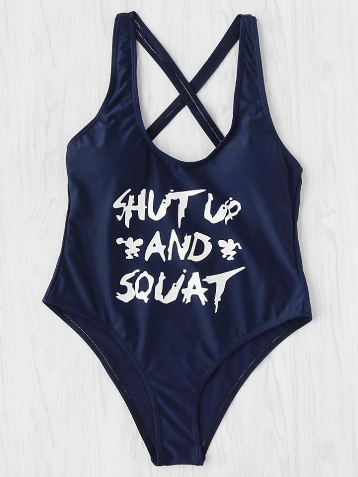 Romwe Letter Print Criss Cross Back Swimsuit