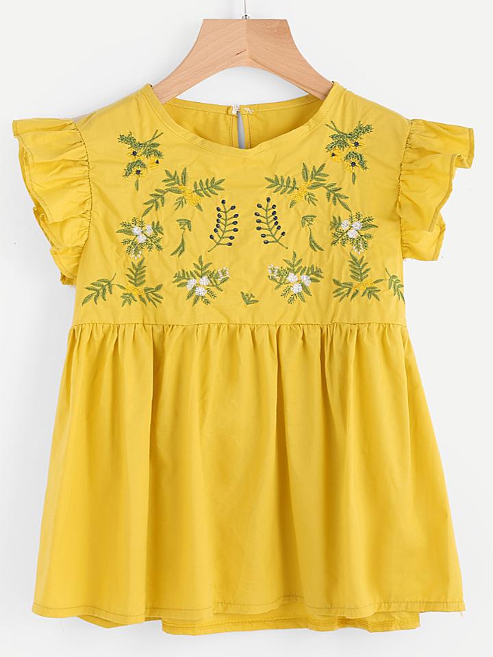 Romwe Embroidery Ruffle Sleeve Smock Blouse