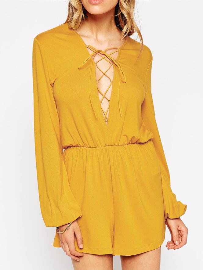 Romwe Puff Sleeve Lace Up Romper