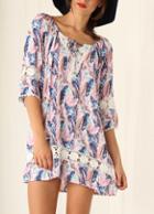 Romwe Multicolor Lace Insert Feather Print Dress