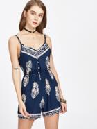 Romwe Vintage Print Spaghetti Strap Elastic Waist Romper