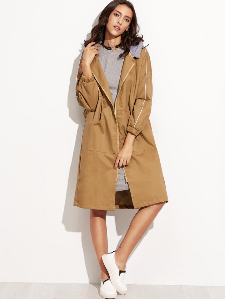 Romwe Khaki Letter Print Contrast Removable Hood Trench Coat