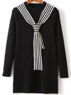 Romwe Black Round Neck Sweater Dress With Striped Tie