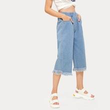 Romwe Raw Hem Elastic Waist Wide Leg Jeans