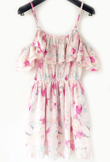 Romwe Spaghetti Strap Ruffle Florals Chiffon Pink Dress