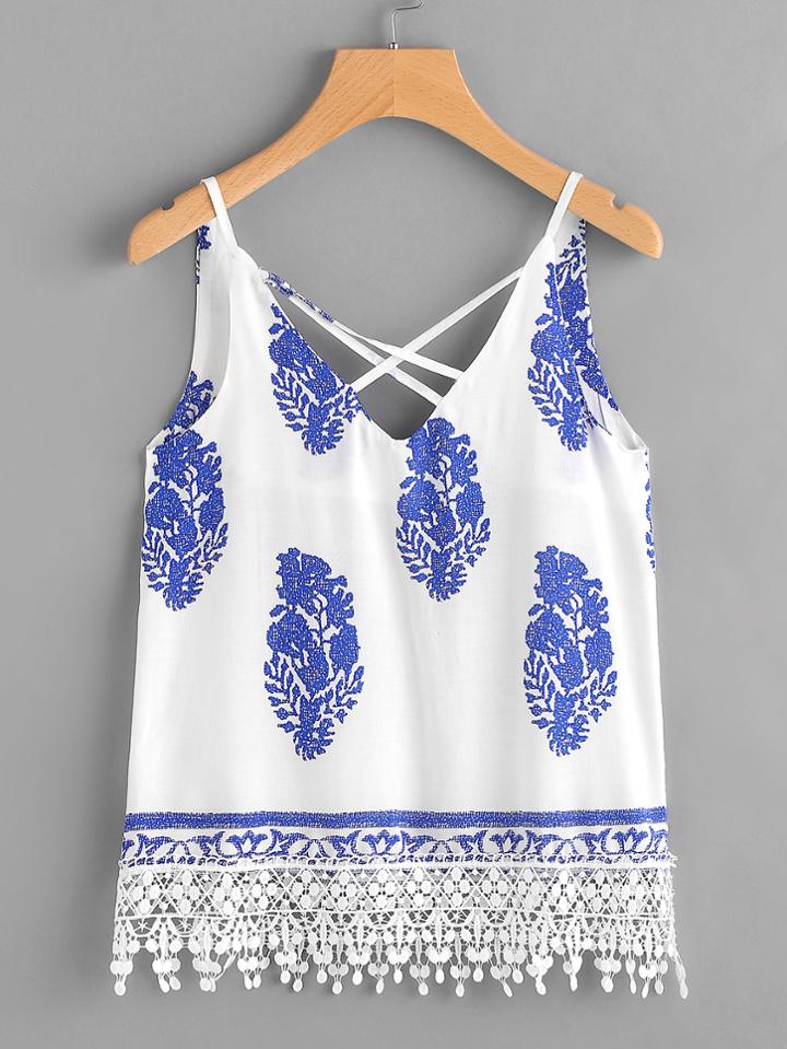 Romwe Printed Lace Hem Cross Back Cami Top