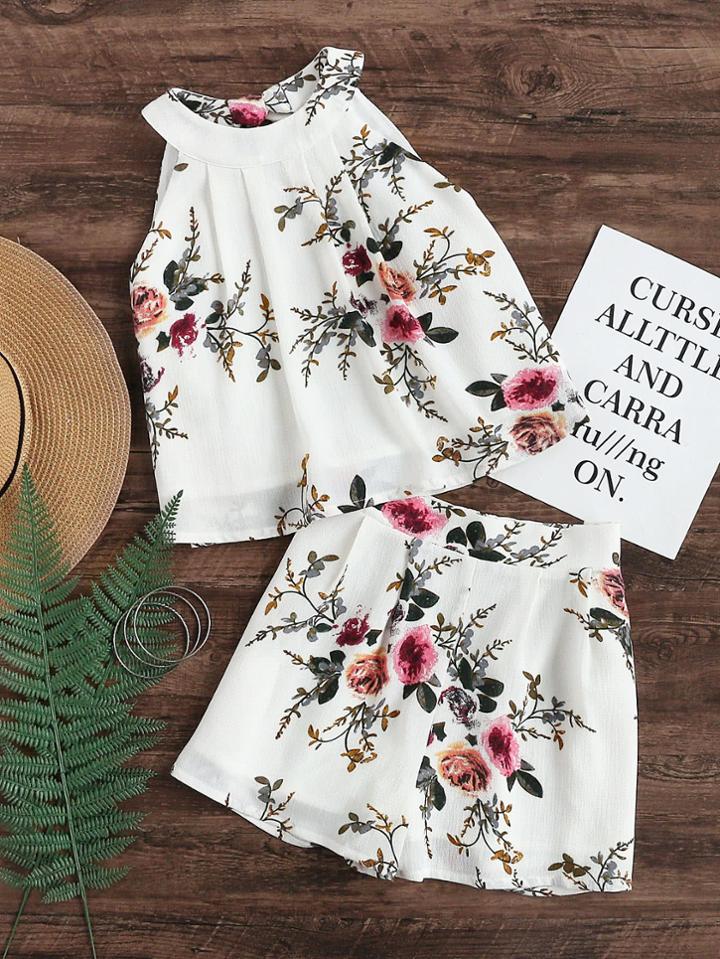 Romwe Flower Print Keyhole Tie Back Pleated Halter Top And Shorts Set
